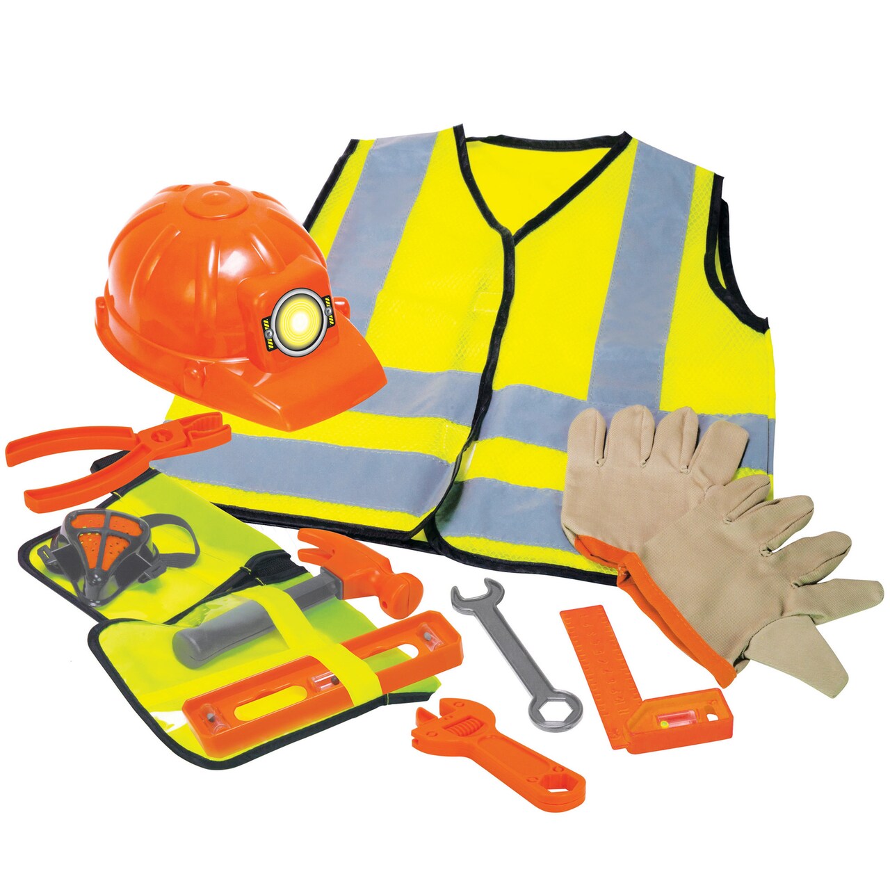 Playful Minds: Construction Worker Roleplay Set - 12pc, Yellow & Orange Costume, Vest, Hard Hat, Belt-Tool Toy Accessories, Dress-Up, Pretend, Kids 3+